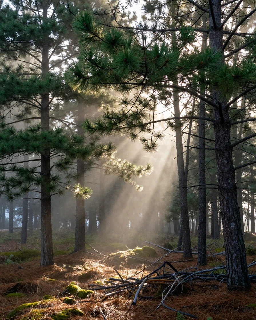 A misty pine forest with sunbeams piercing through the canopy