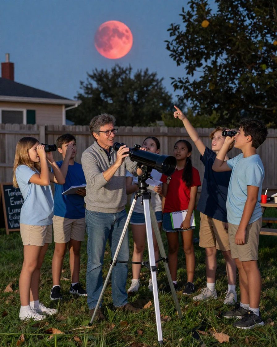 A teacher sets up a telescope for students to observe a lunar eclipse.
