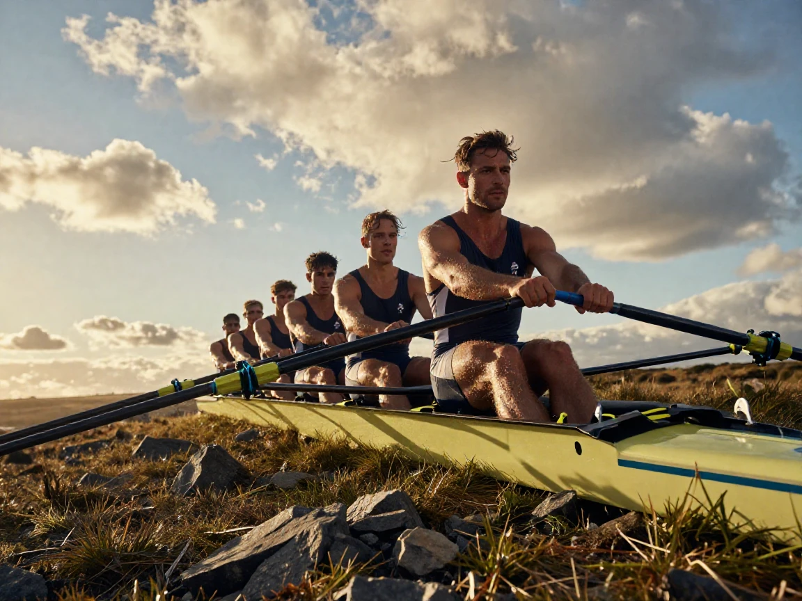 A team of rowers pushing through the final stretch of a race atop a windswept ridge