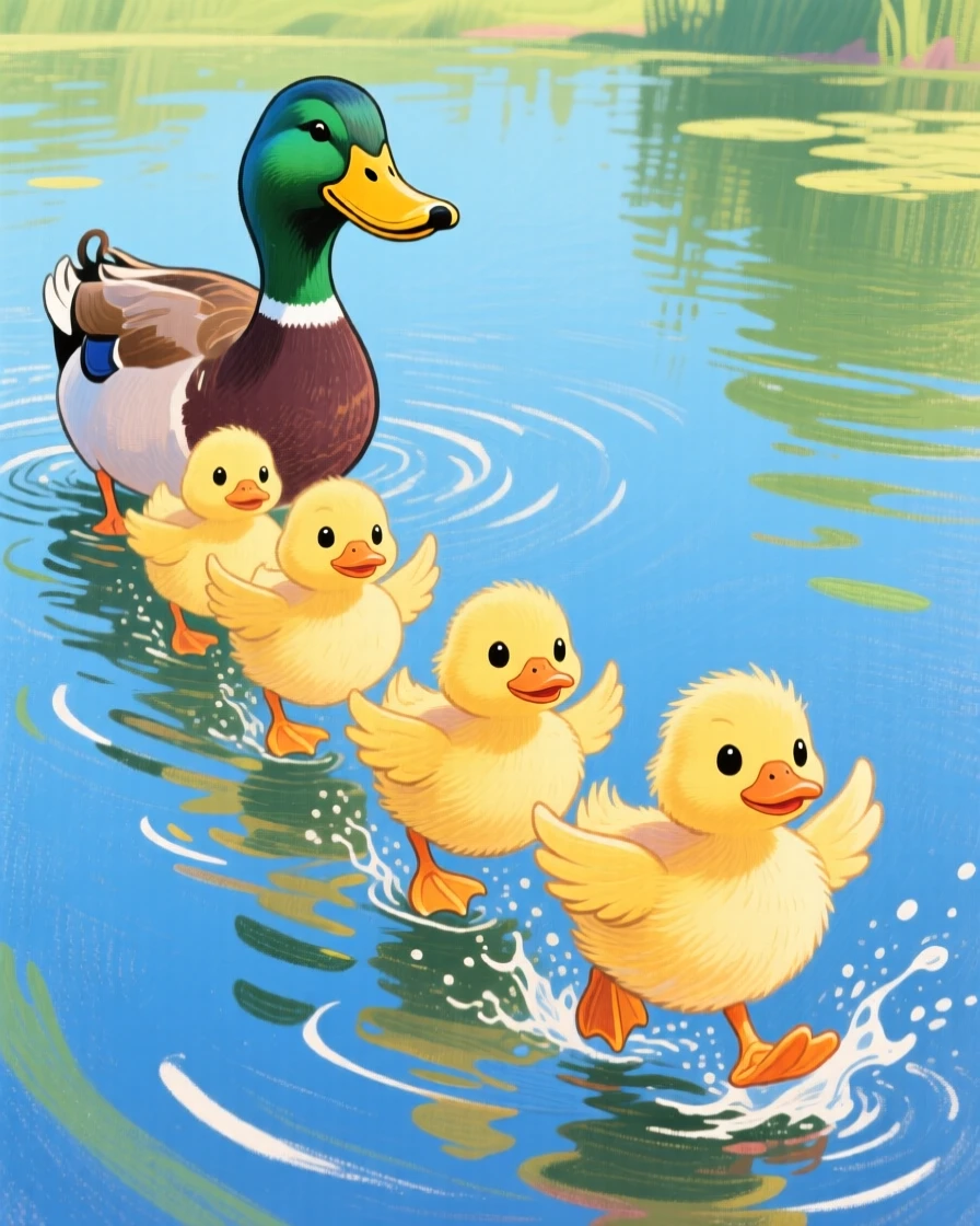 A group of ducklings following their mother in a perfect row across a pond.