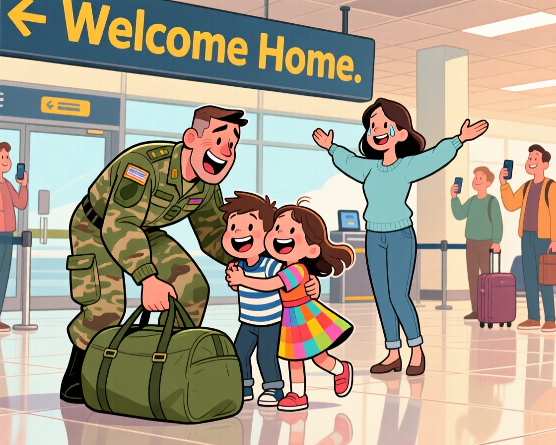 A heartwarming moment depicting a soldier surprising his family at the airport, dropping his duffel bag to scoop up his children.