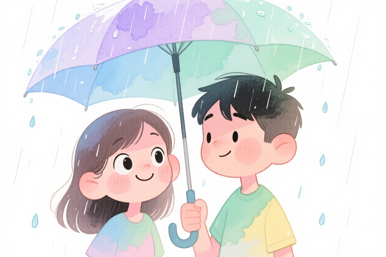 A young couple sharing an umbrella in a gentle rain shower