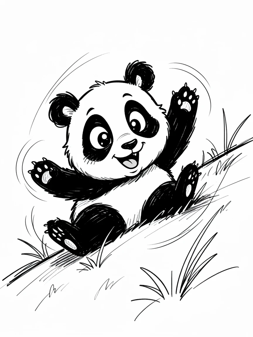 [Cute Animals & Pets] Adorable scene of a curious panda cub tumbling down a grassy hill, bursting with charm and playful energy
