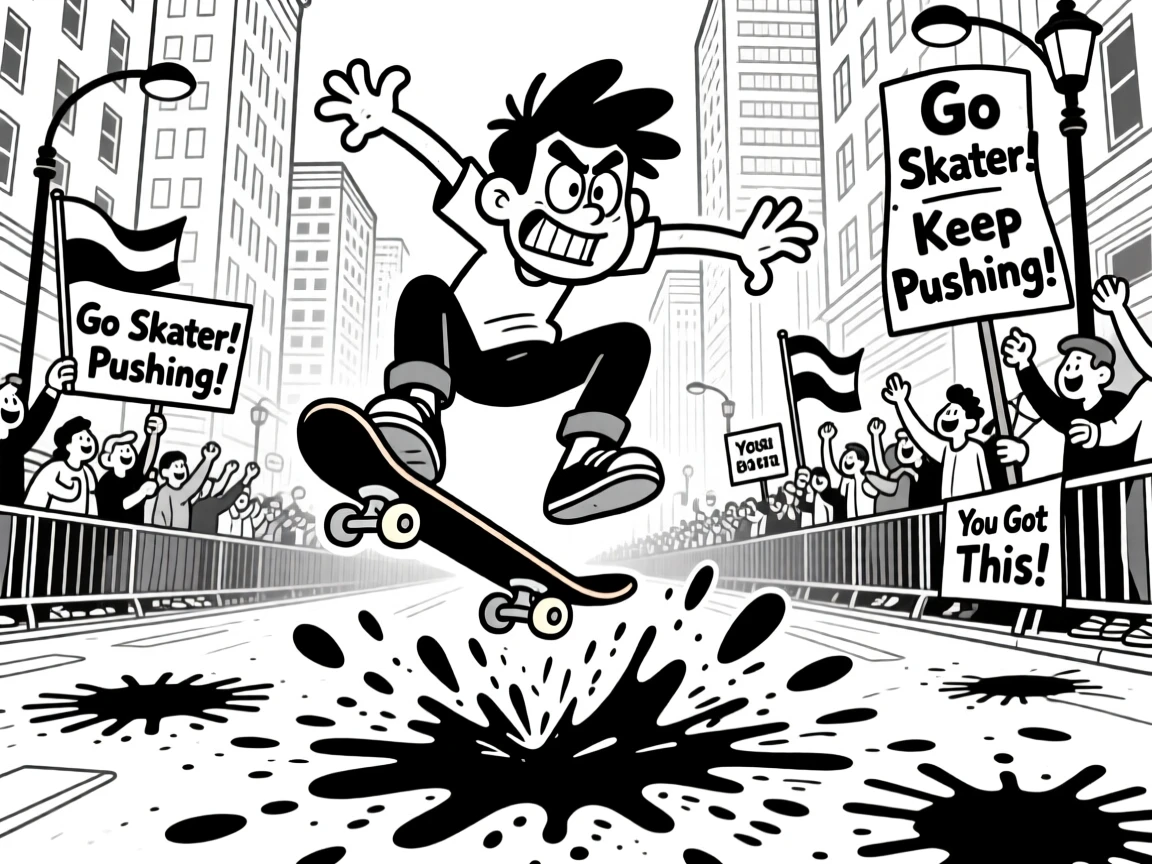 A skateboarder frozen mid-air after a botched trick, tumbling comically off the board, set on a city marathon route lined with cheering crowds. Paint splatters form an accidental abstract masterpiece. The moment captures determination with a comic twist.