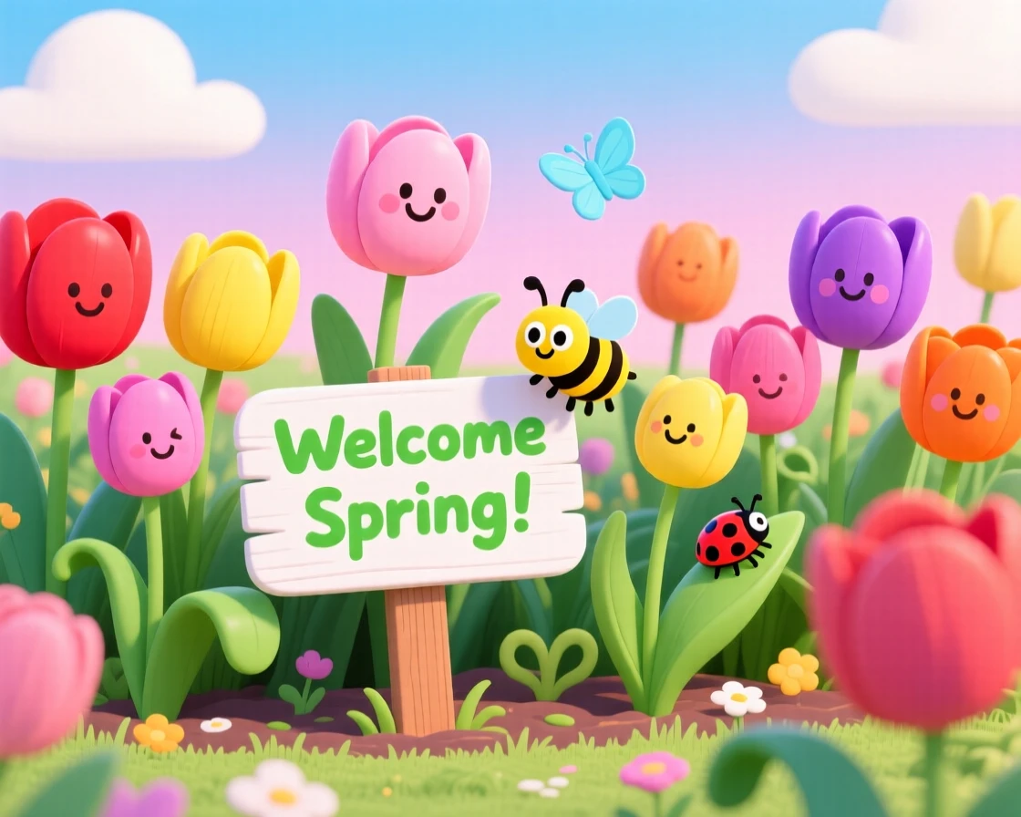 A garden bursting with tulips welcoming the first day of spring.