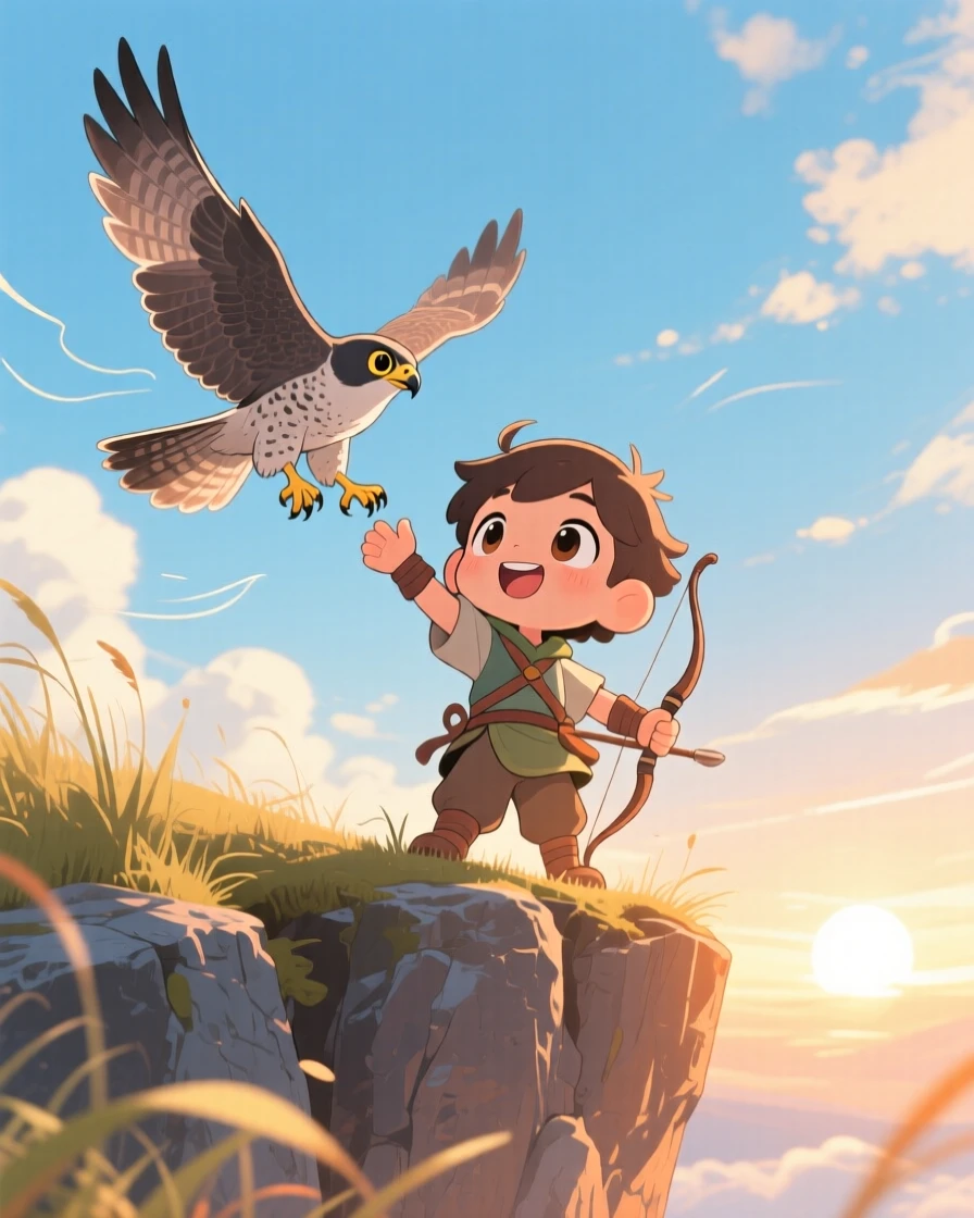 A young falconer releasing a falcon into a clear sky, framed as a low-angle shot looking up within a windswept cliffside, under a clear summer sky, glowing under rays of sunrise breaking through clouds, evoking quiet contentment.