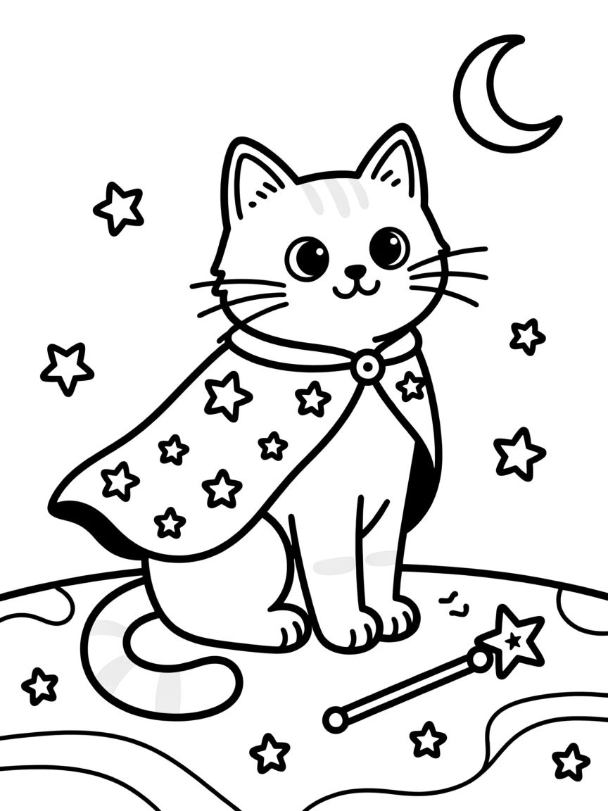 A wizard's cat wearing a tiny star-covered cape