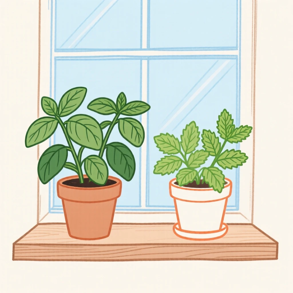A windowsill herb garden with basil and mint.
