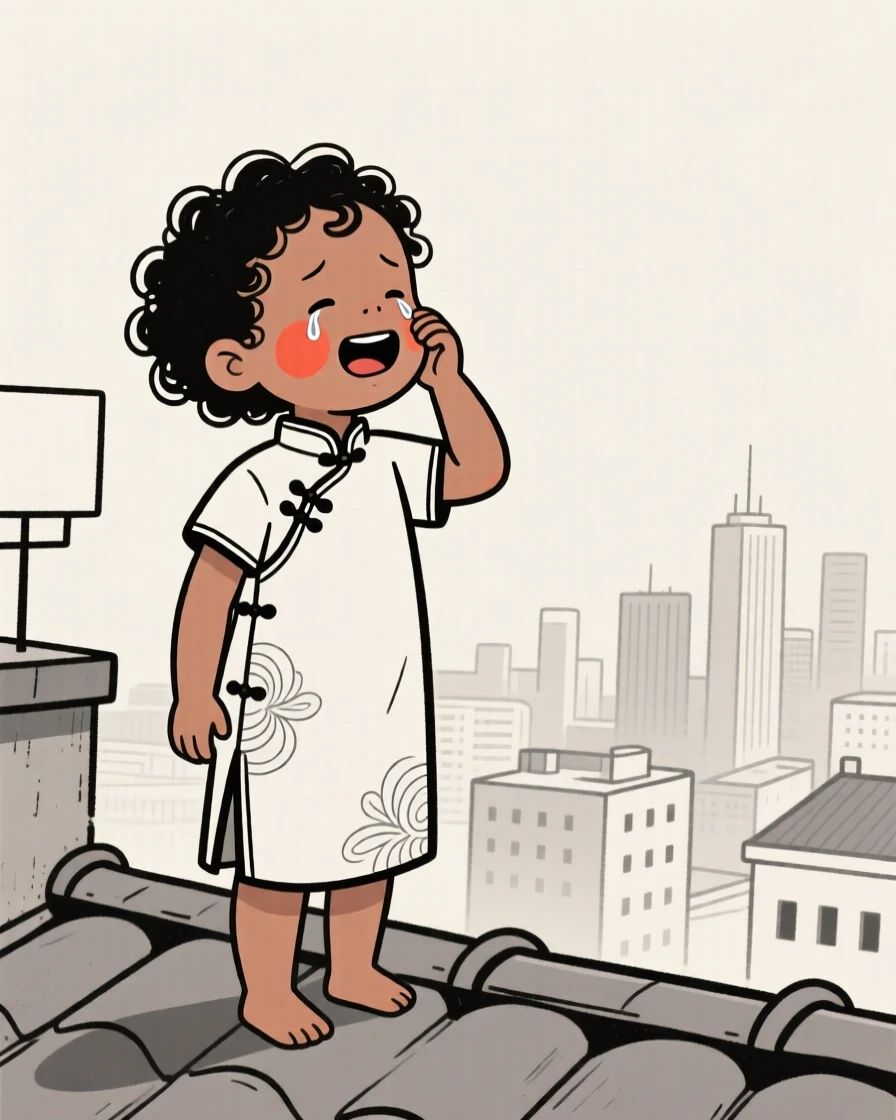 A curly-haired toddler of Ethiopian heritage wearing a Chinese qipao, holding back happy tears, on a rooftop overlooking the city.