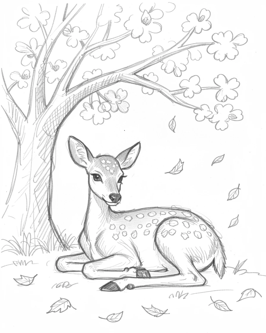 A spotted fawn resting beneath a blooming cherry tree, surrounded by falling autumn leaves.