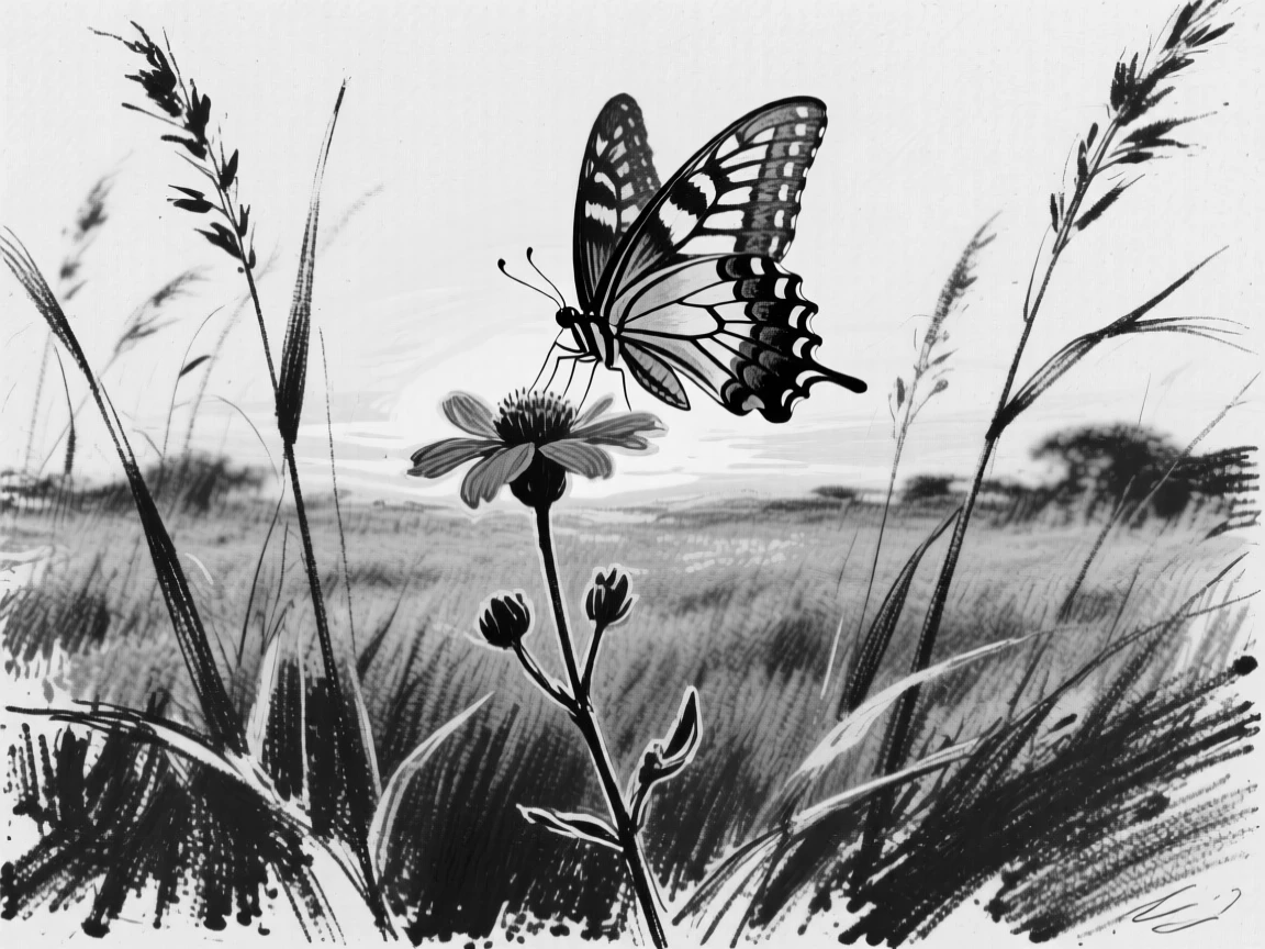 A butterfly resting on a flower walking through tall savanna grass at sunrise.