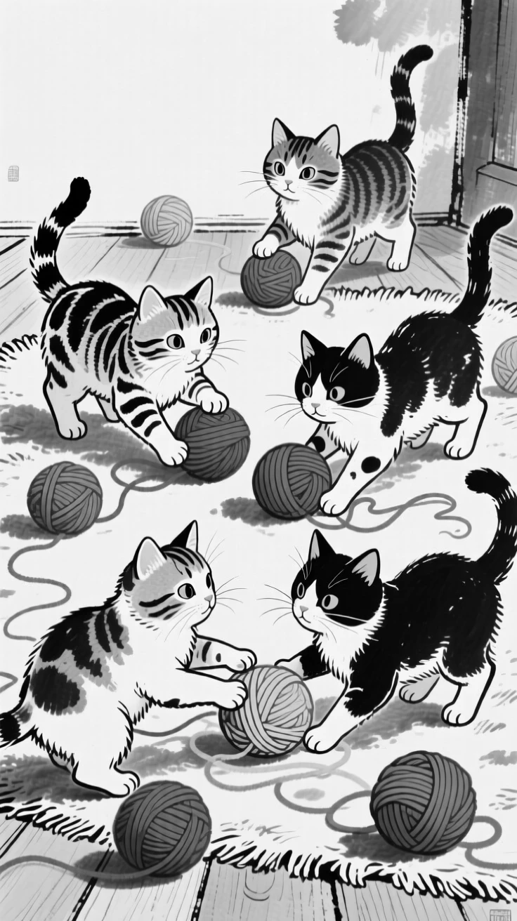 A litter of kittens playing among balls of colorful yarn.