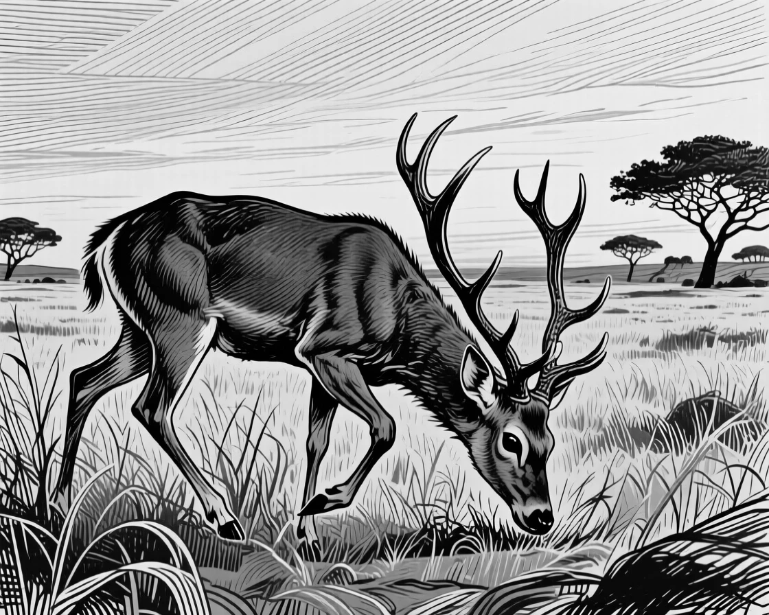A grazing deer on an open savanna at dusk, muscles tensed mid-stride, capturing a wild and free moment in nature with a strong, centered focal point.