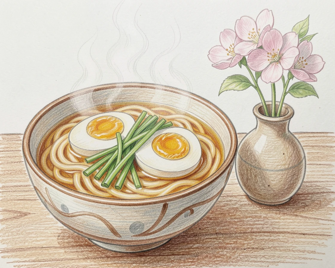 A steaming bowl of ramen garnished with soft-boiled egg and scallions, set beside a small vase of fresh flowers, celebrating the joy of shared meals and gatherings.