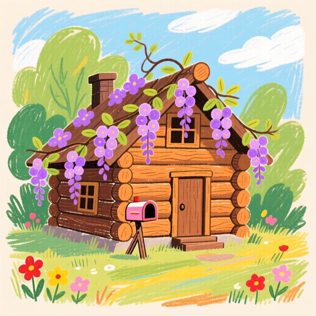 A log cabin surrounded by blooming wisteria vines.