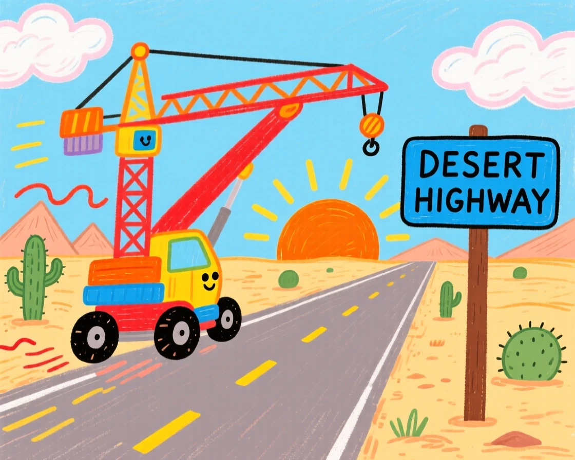 A bustling construction crane racing along a desert highway at sunrise.