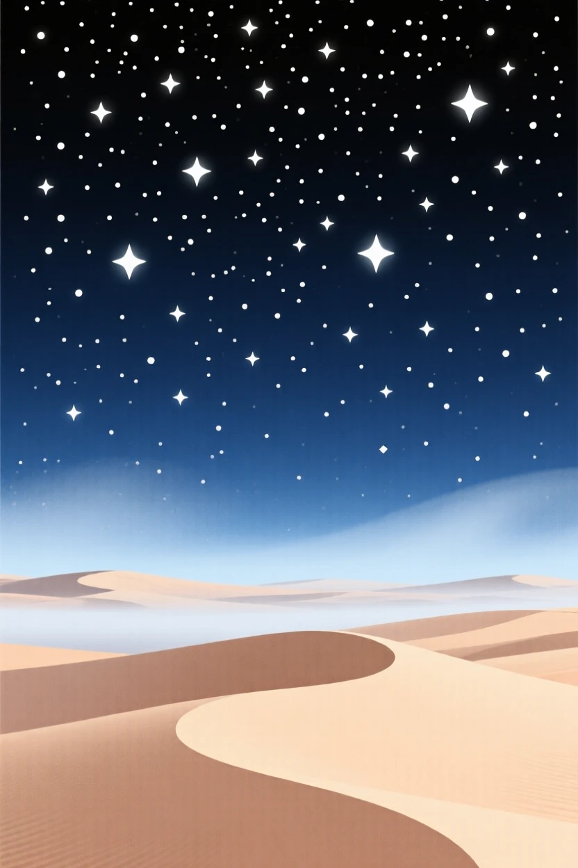 A star-filled night sky over a silent desert, surrounded by a gentle layer of morning mist, captured with a gentle curve guiding the eye through the scene, with a fresh, crisp clarity that highlights every detail.