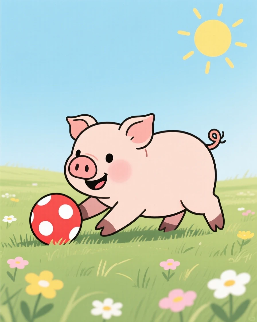 A playful piglet playing with a ball in a sunny meadow.