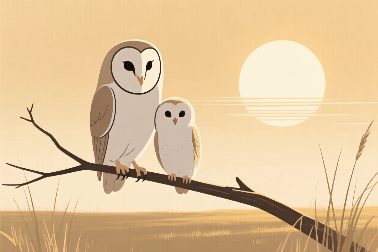 A barn owl and its young settling in as the light fades together in a sunlit meadow, expressing wild freedom.