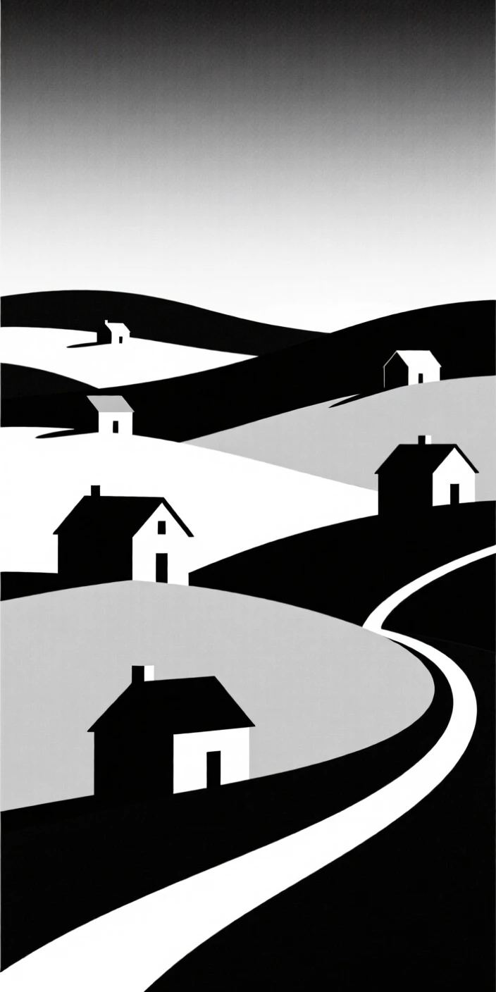 A rolling countryside dotted with farmhouses.