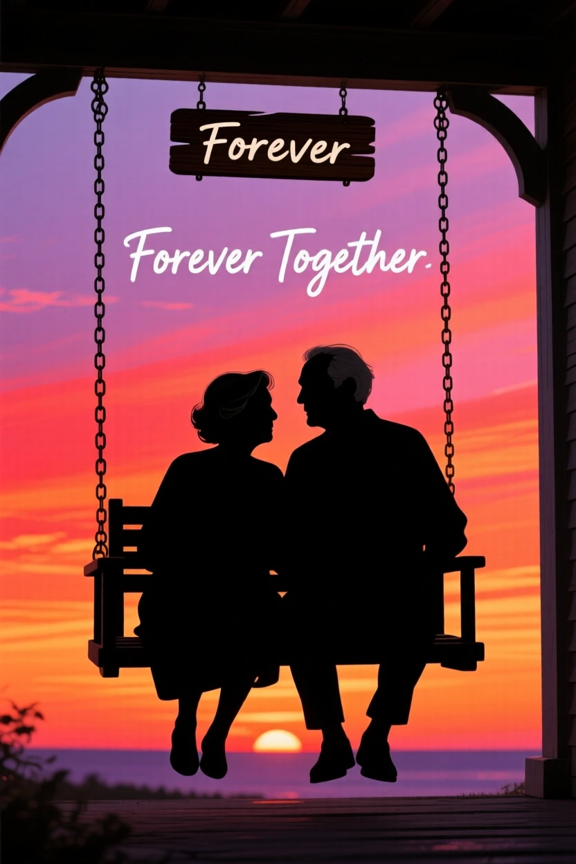 An elderly couple swaying gently on a porch swing as the sun sets before them.