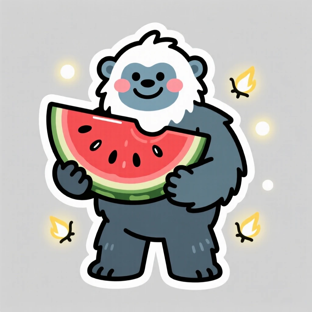 A rosy-cheeked friendly yeti holding a slice of watermelon bigger than its head, surrounded by softly glowing fireflies.