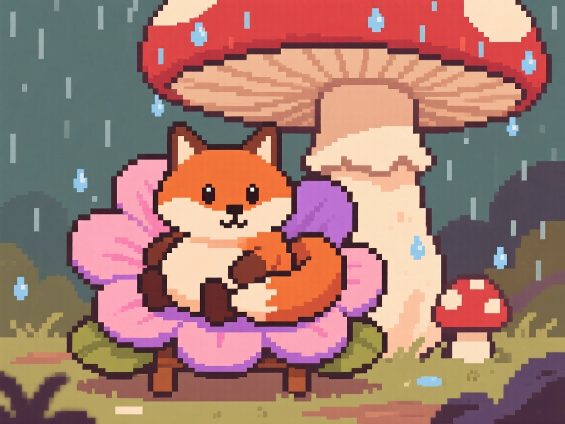 A round-bellied fox sitting inside a flower like a cozy chair, under a giant mushroom during a soft rain.
