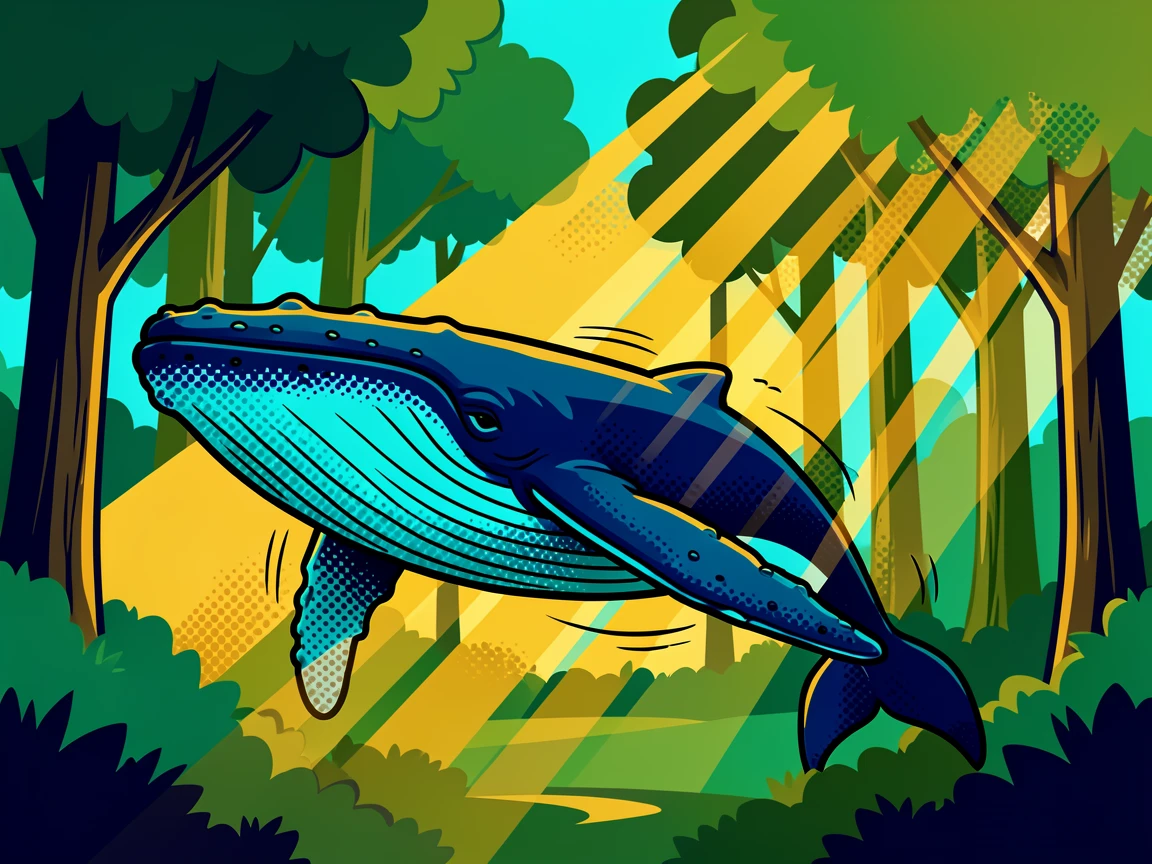 A humpback whale exploring a quiet forest at dawn