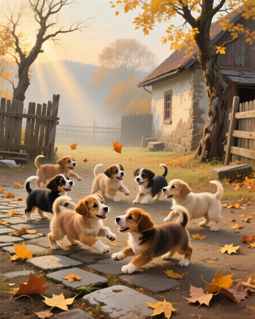 A sweeping wide shot of a litter of puppies tumbling together in a sunny farmyard, in old Vienna, as autumn leaves turn gold, in a light morning mist.