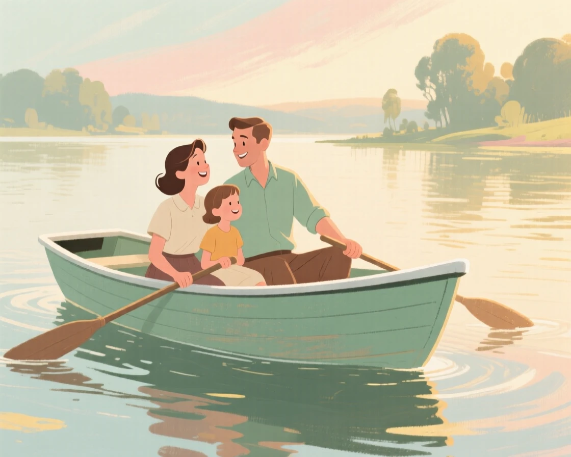 A family enjoying a rowboat outing on a calm summer lake