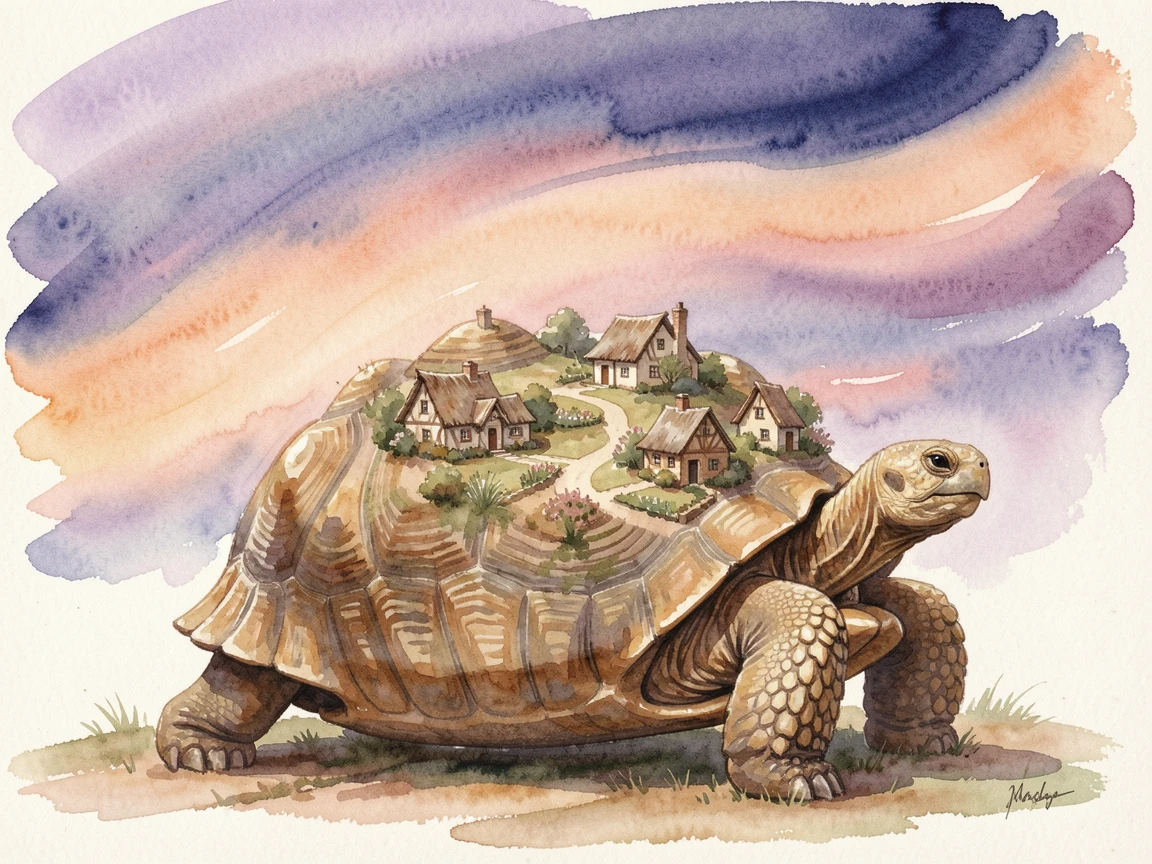 A giant tortoise carrying a tiny village on its shell under a sky full of swirling colors.