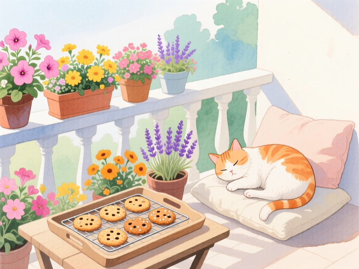 A charming view of a flower-filled balcony, with a cat curled asleep nearby, featuring a tray of cookies cooling on a rack