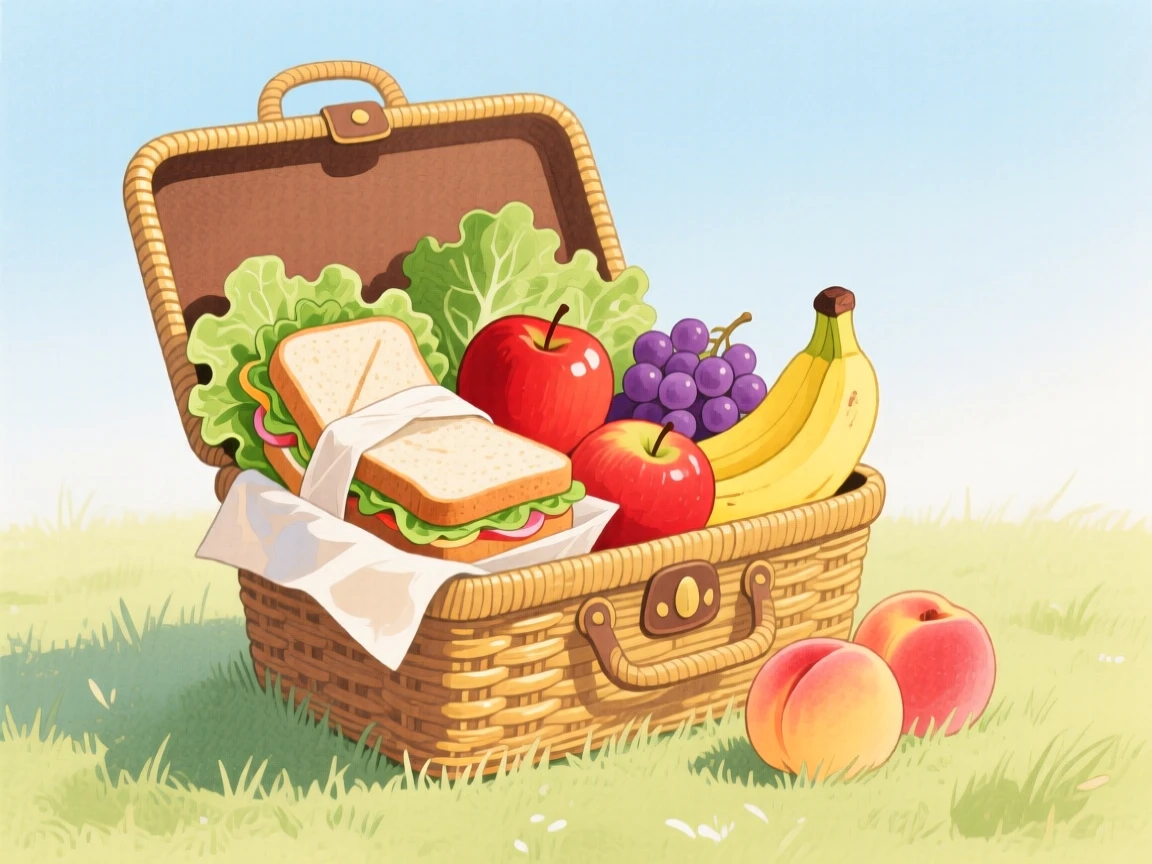 A delightful still life of a picnic basket packed with sandwiches and fresh fruit.