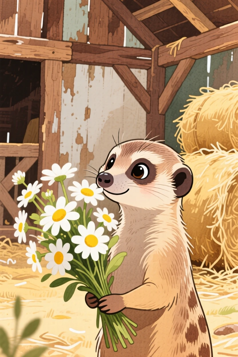 A curious meerkat sniffing a bouquet of daisies, set in a rustic barn filled with soft hay, capturing a fleeting moment of quiet contentment.