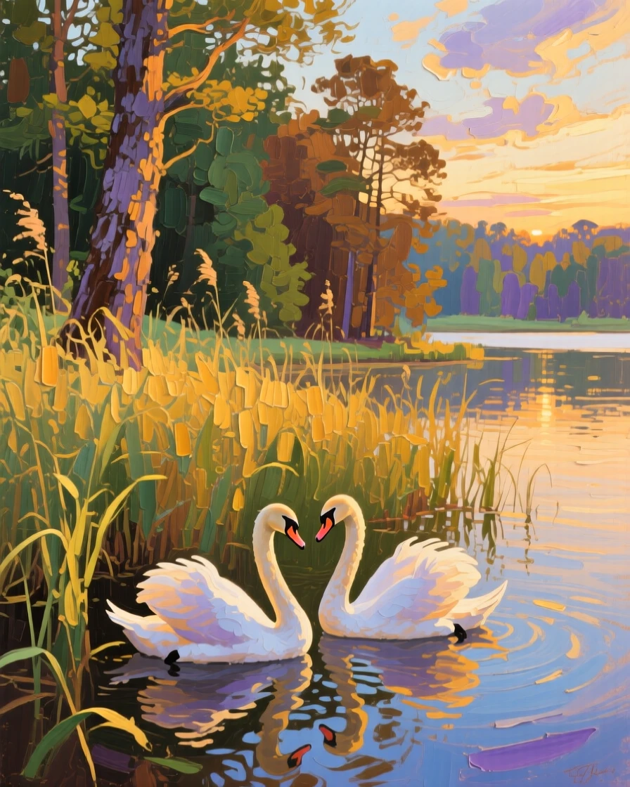 a pair of swans passing reeds at the forest edge, at the end of a warm day, with a balanced, spacious view of the surroundings.