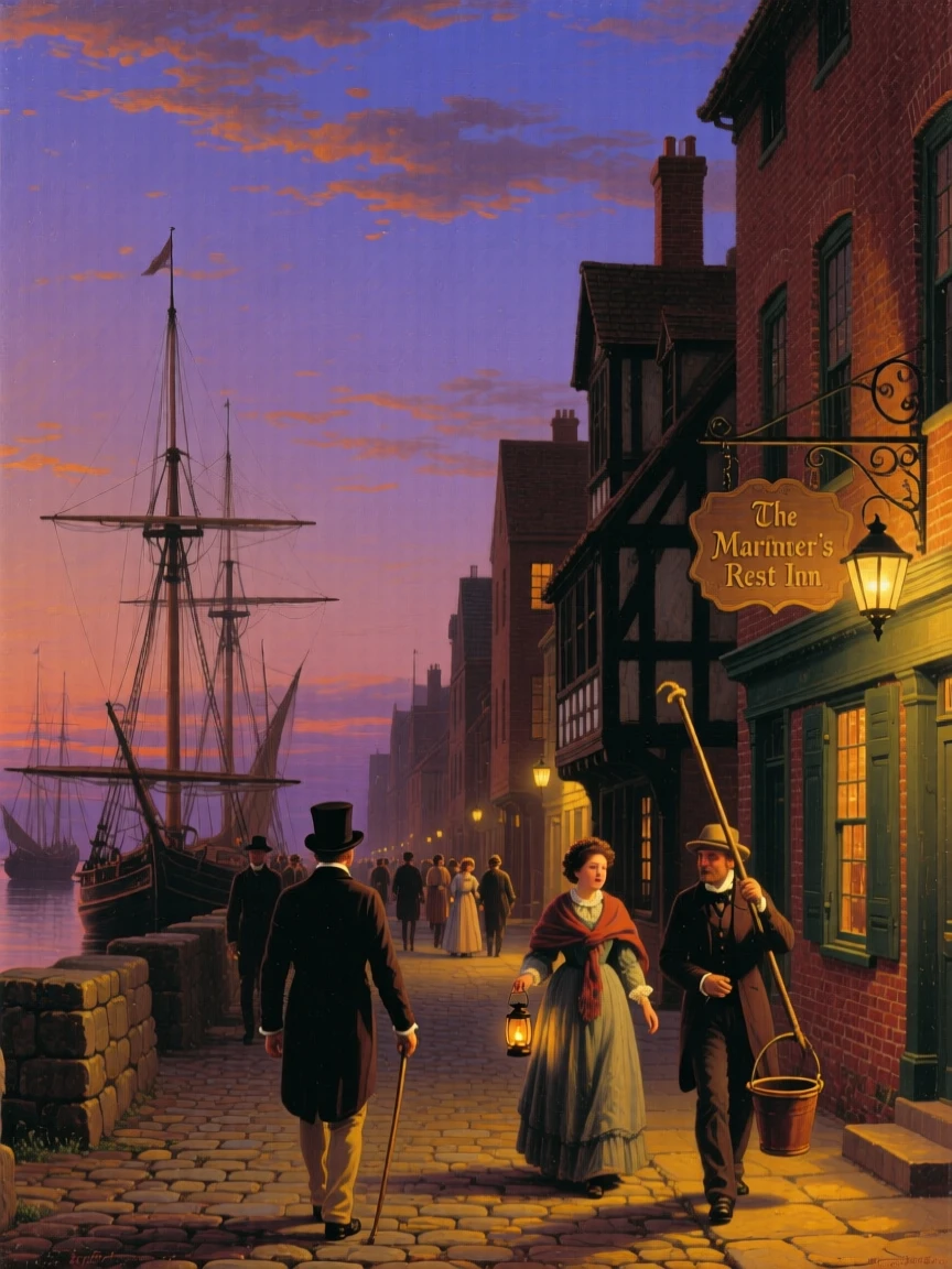 A group of travelers walks along a harbor city street as evening lanterns are lit.