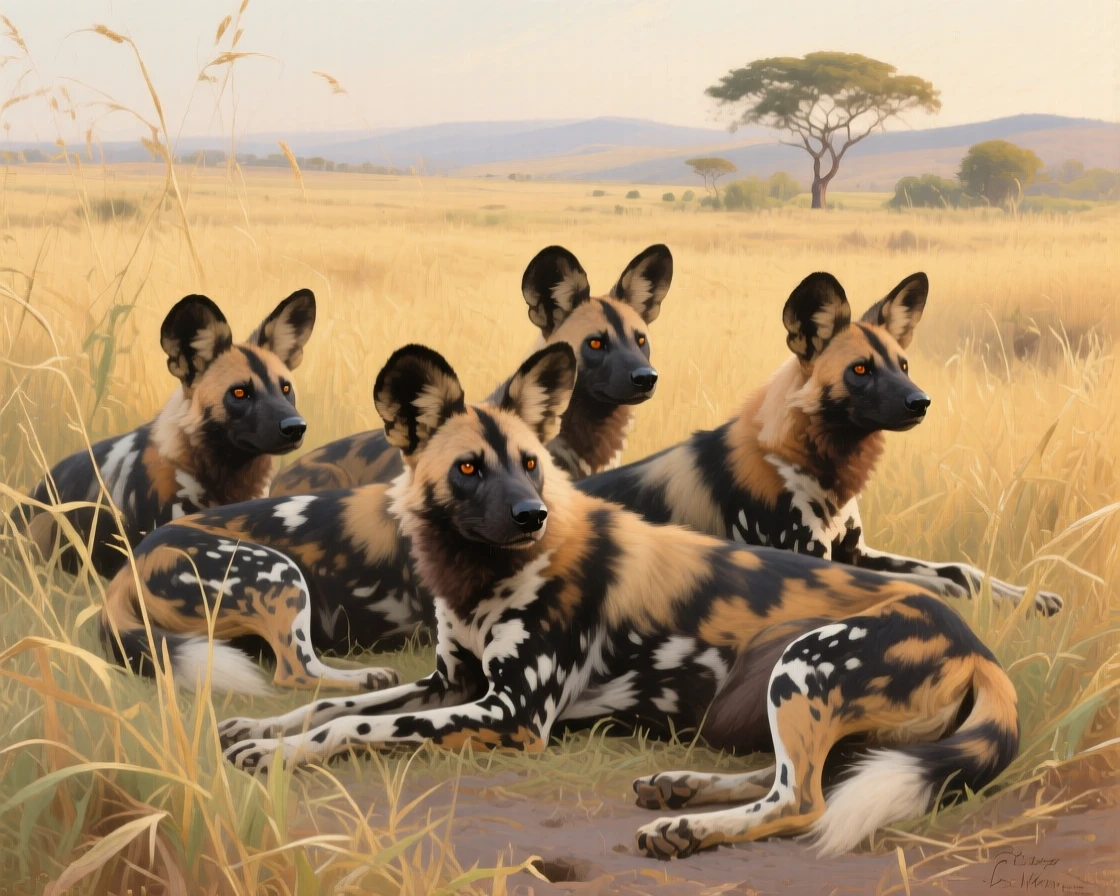 A pack of African wild dogs resting together in tall golden grass, its expression conveying an almost human sense of awareness, celebrating the raw beauty and dignity of the animal kingdom