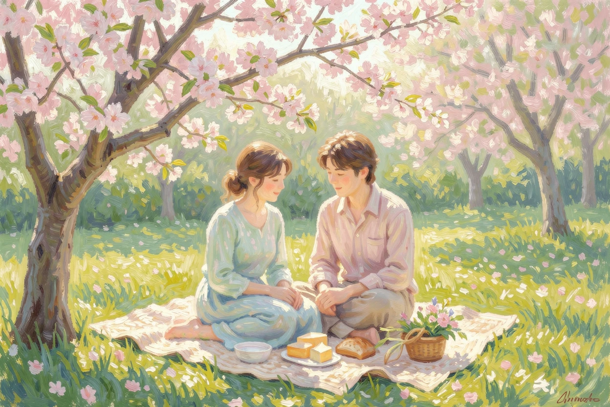 A young couple sharing a quiet picnic beneath a blossoming cherry tree in early spring.