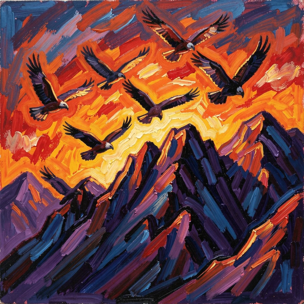 A dramatic ridge line silhouetted against a blazing sunset, hawks circling above.