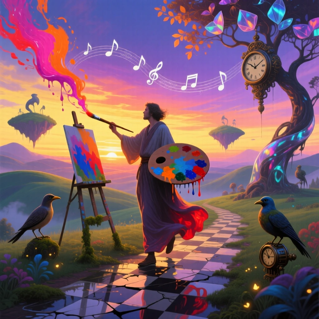 A painter capturing a sunset that changes color with every brushstroke travels onward through a landscape that shifts gently around them, while distant sounds drift softly through the surrounding air.