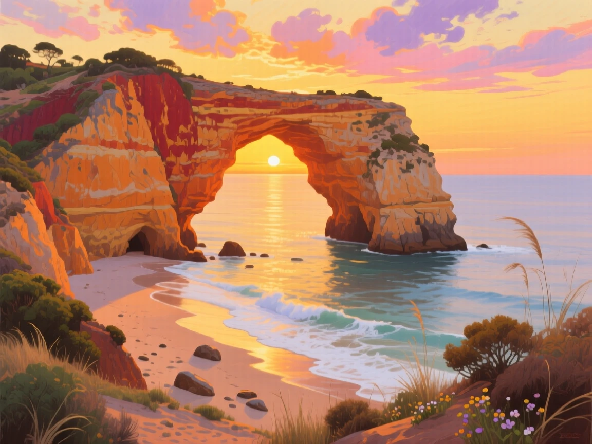 A dramatic sea arch on the Algarve coast frames a golden sunset, waves gently washing over orange sandstone cliffs and a secluded beach below, as a light breeze stirs the surrounding vegetation and carries the scent of damp earth.