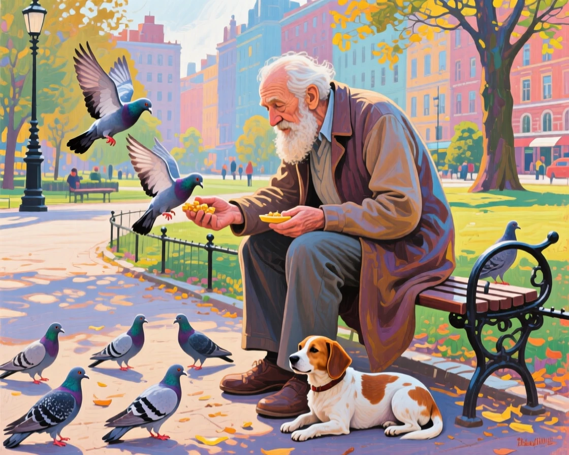 An old man feeding pigeons in a quiet city park, a small dog resting loyally at his feet
