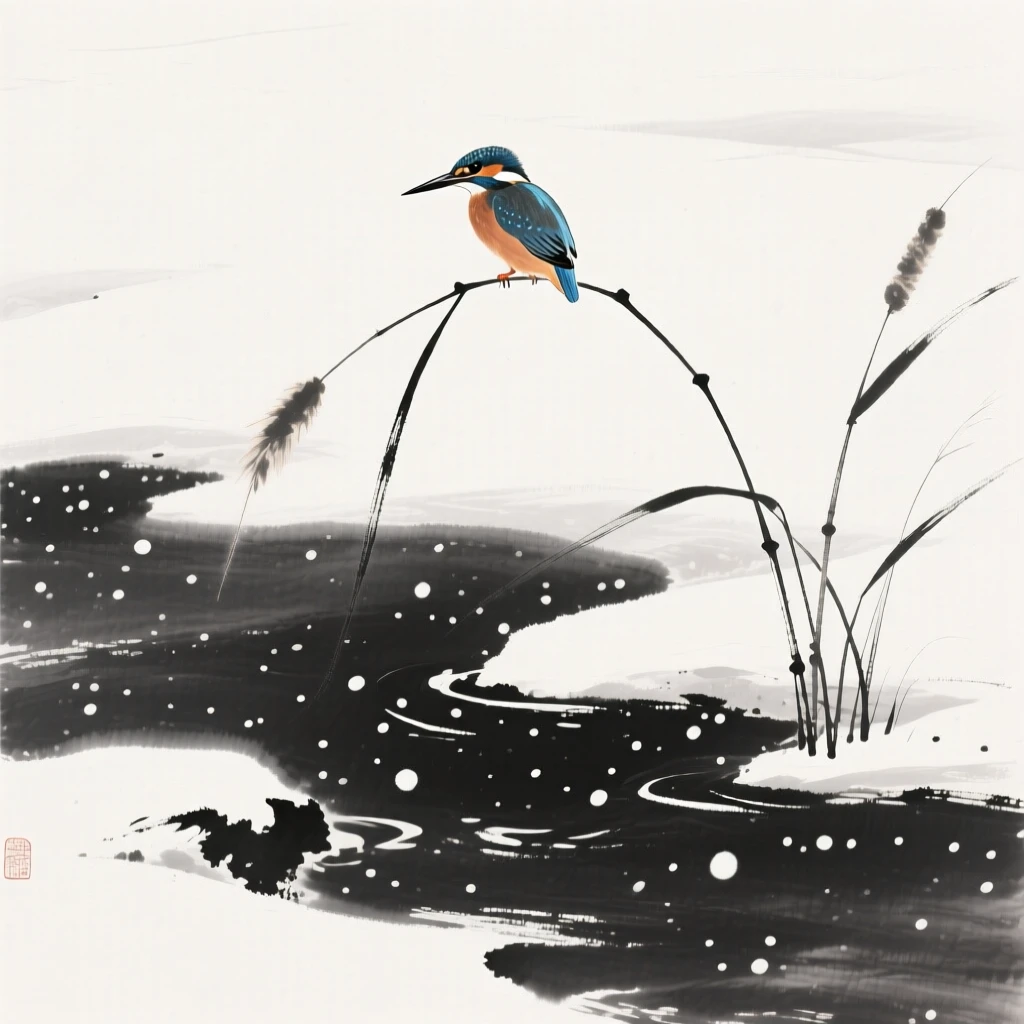 A kingfisher watches from a reed stalk above a stream, as snow begins to fall softly.