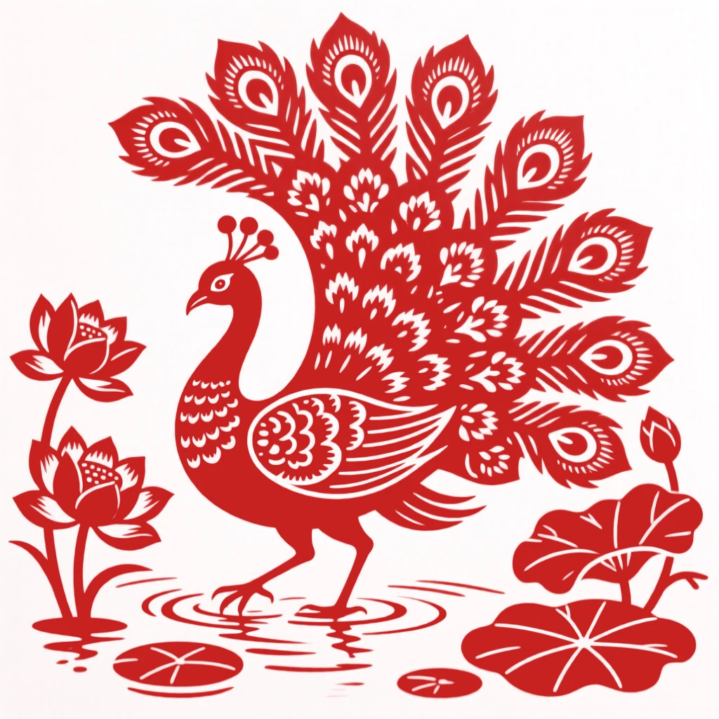 A peacock, wading through shallow lotus water, symbolizing peace and good fortune.