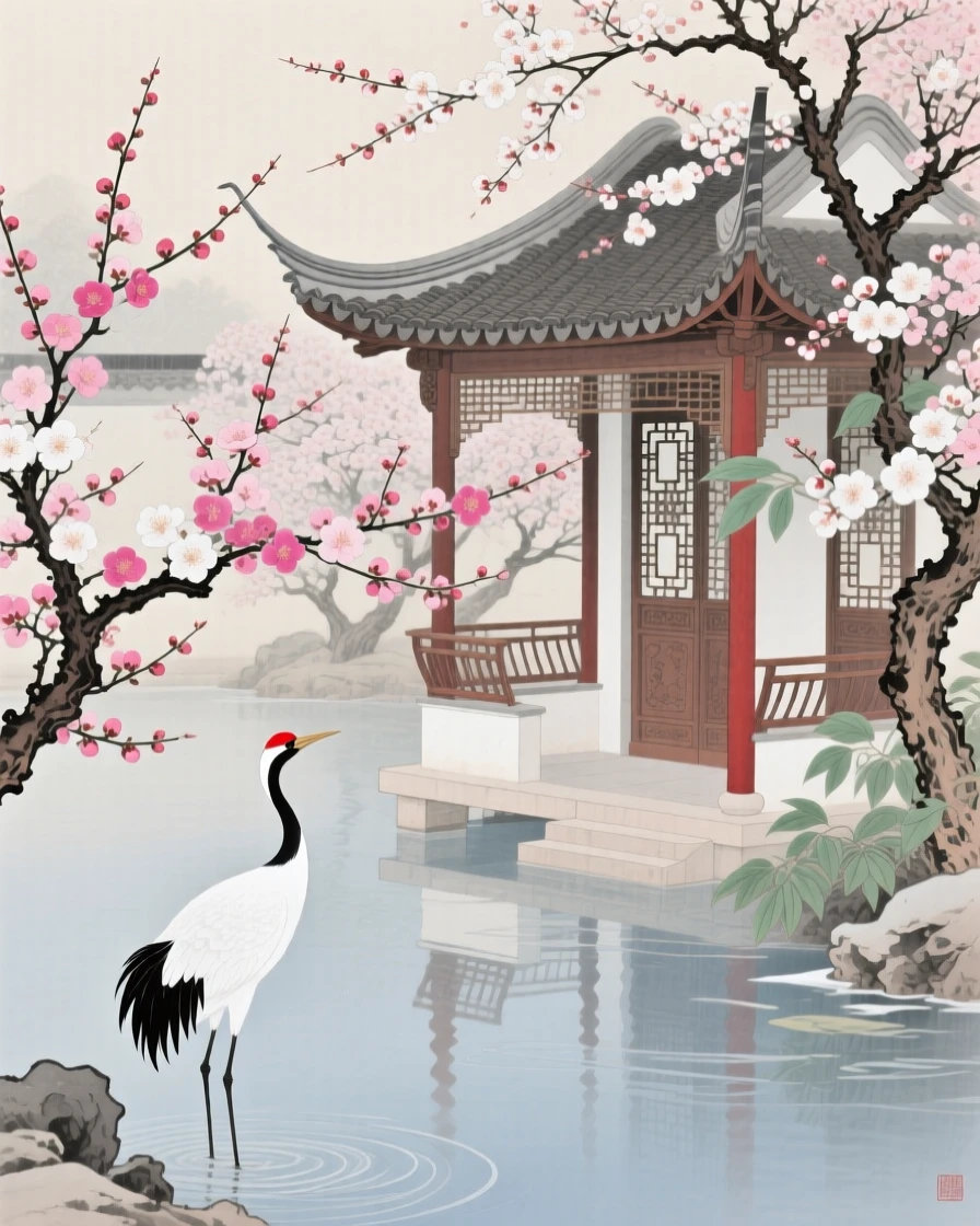 A garden pavilion surrounded by blooming plum blossoms in late winter, with a lone crane standing at the water's edge