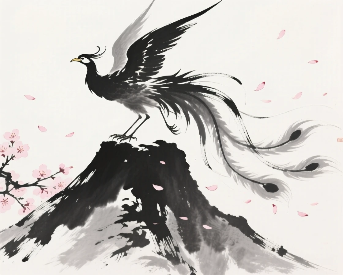 A phoenix rising above a mountain peak amid drifting cherry blossom petals, composed with sweeping, dynamic movement across the frame, carrying a sense of magic woven into the natural world.