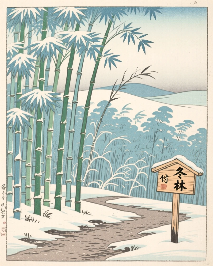 A dense bamboo grove, reflecting a pale winter sky.