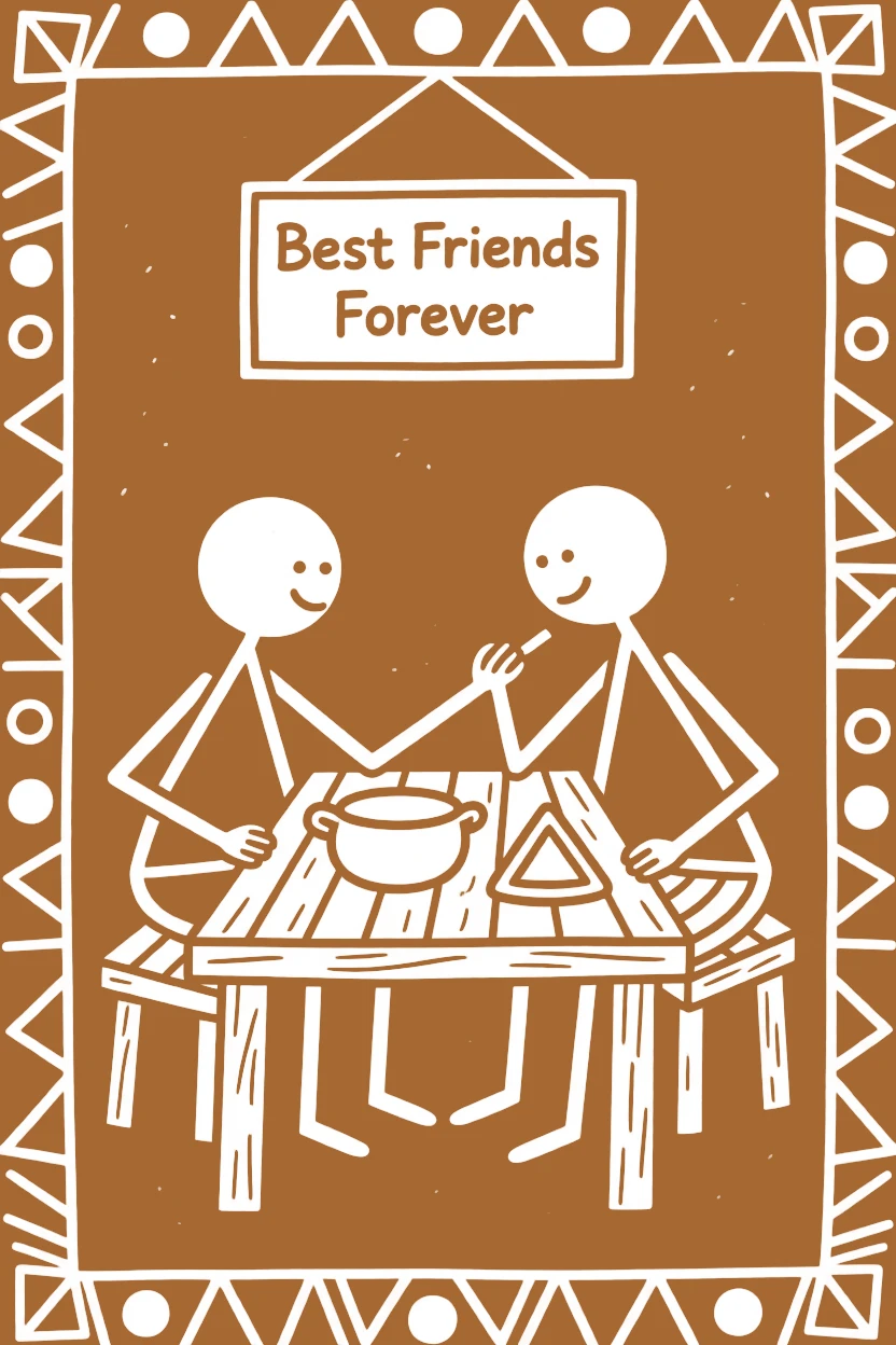 Two best friends reuniting resting together after a day of work at a simple wooden dining table.