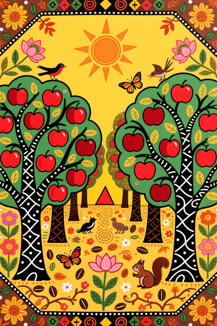 An orchard of apple trees heavy with fruit in early autumn.