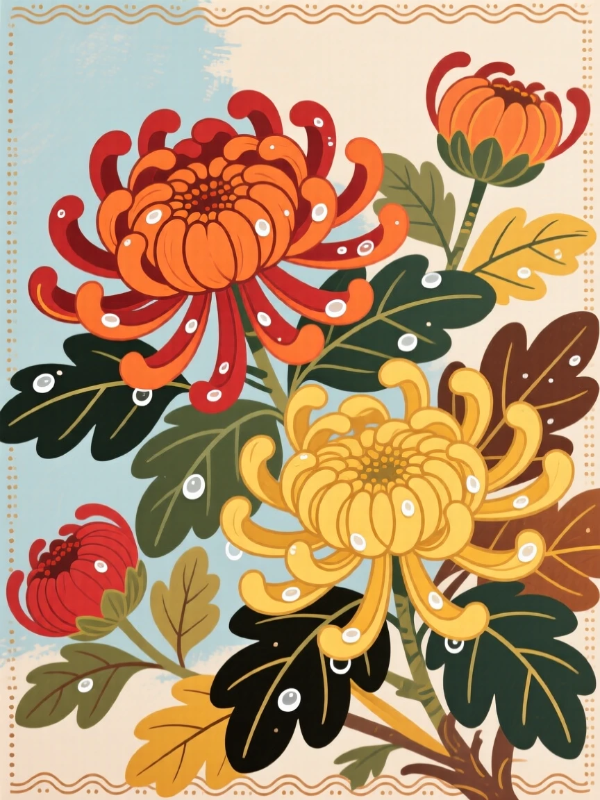 A close view of chrysanthemums in autumn colors with dew still clinging to the petals.
